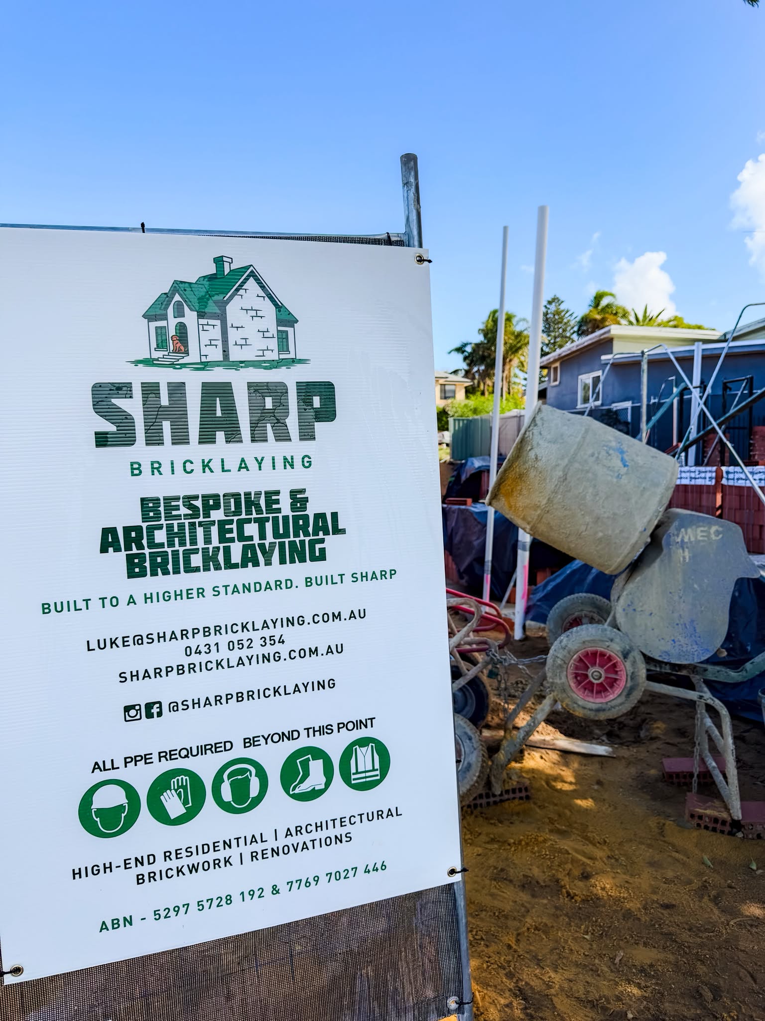 Sharp Bricklaying site signage reading Bespoke and Architectural Bricklaying, on a Perth job