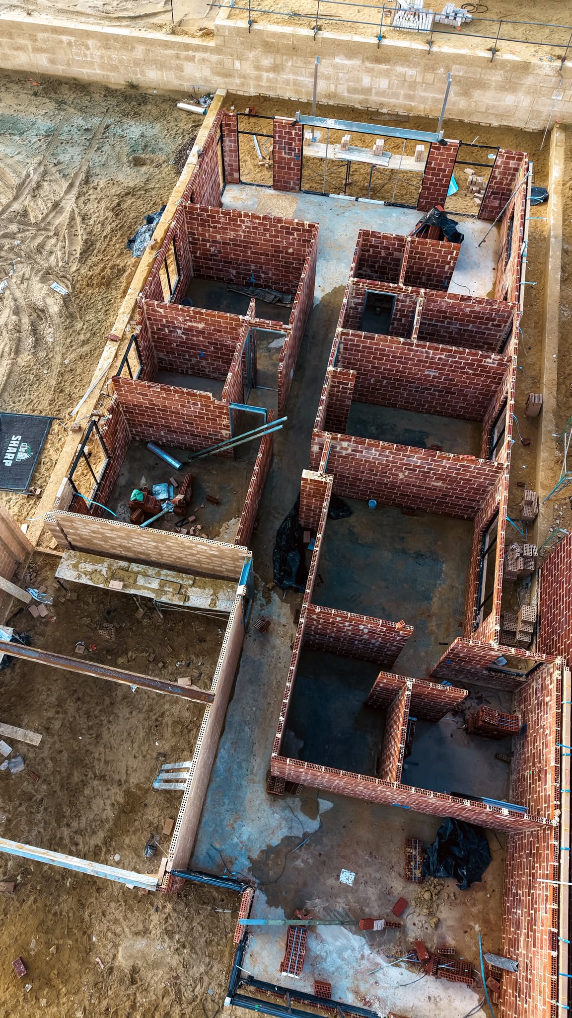 Aerial view of footings and the first courses of brickwork